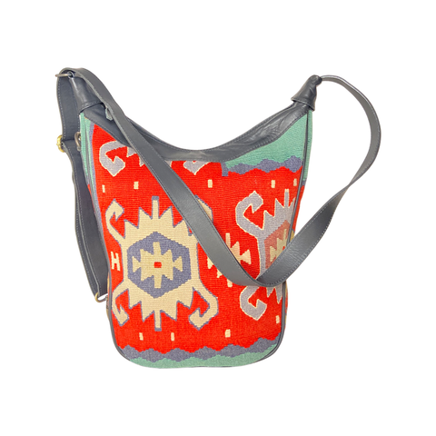 Kilim Boho Sling Bag | Crossbody Bag | Kilim Handbag | Turkish Kilim Bag | Shoulder Bag | Red & Multicolored with leather handle Bag